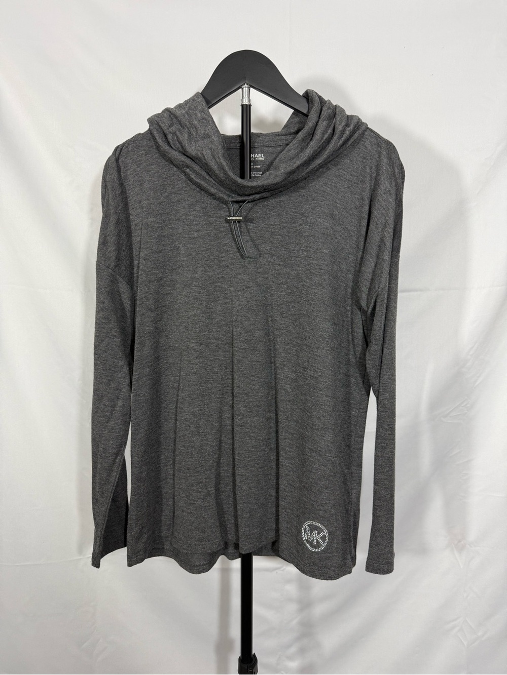 Michael Kors Cowl Neck Rhinestone MK Logo Tunic Top Gray Long Sleeve M
